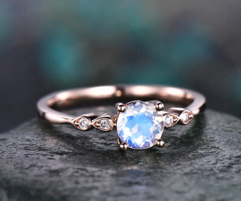 Round moonstone engagement ring 14k rose gold teardrop vintage unique five stone diamond engagement ring wedding anniversary ring for women sold by Willwork Jewelry