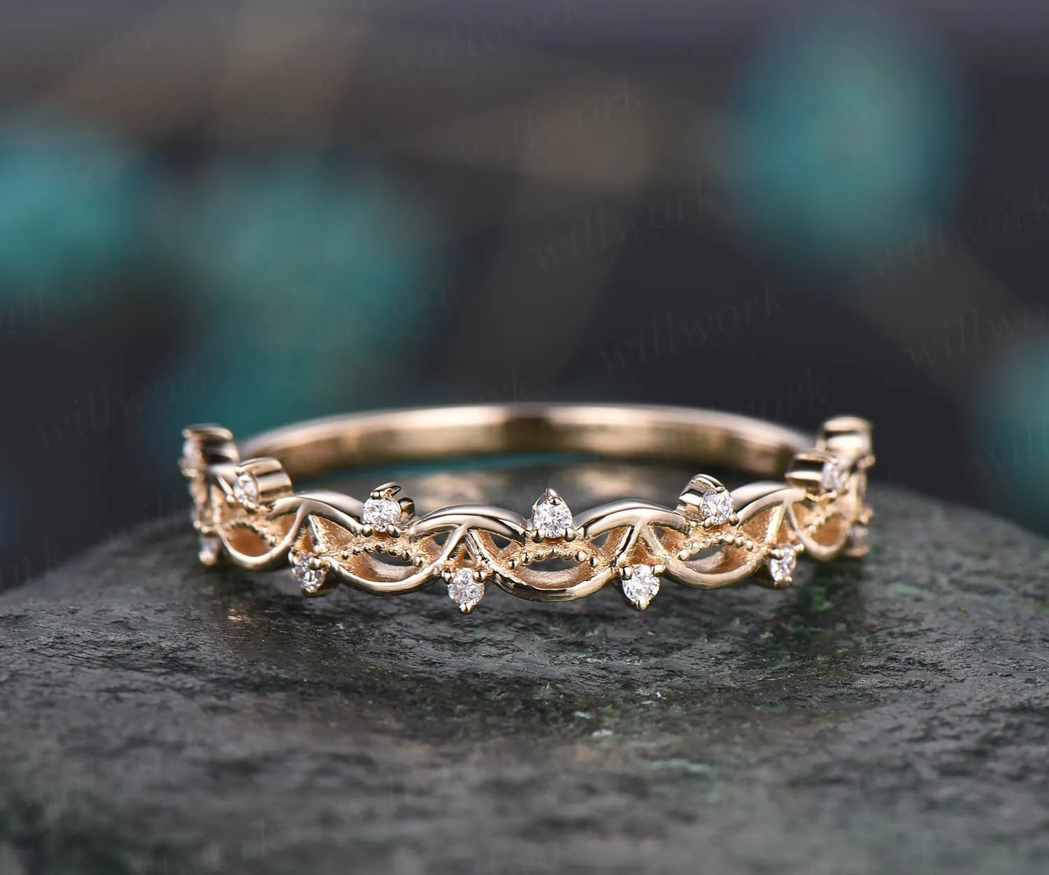 Unique antique vintage diamond wedding ring solid 14k rose gold wedding band stacking matching engagement ring graduation anniversary gift sold by Willwork Jewelry product image thumbnail 3