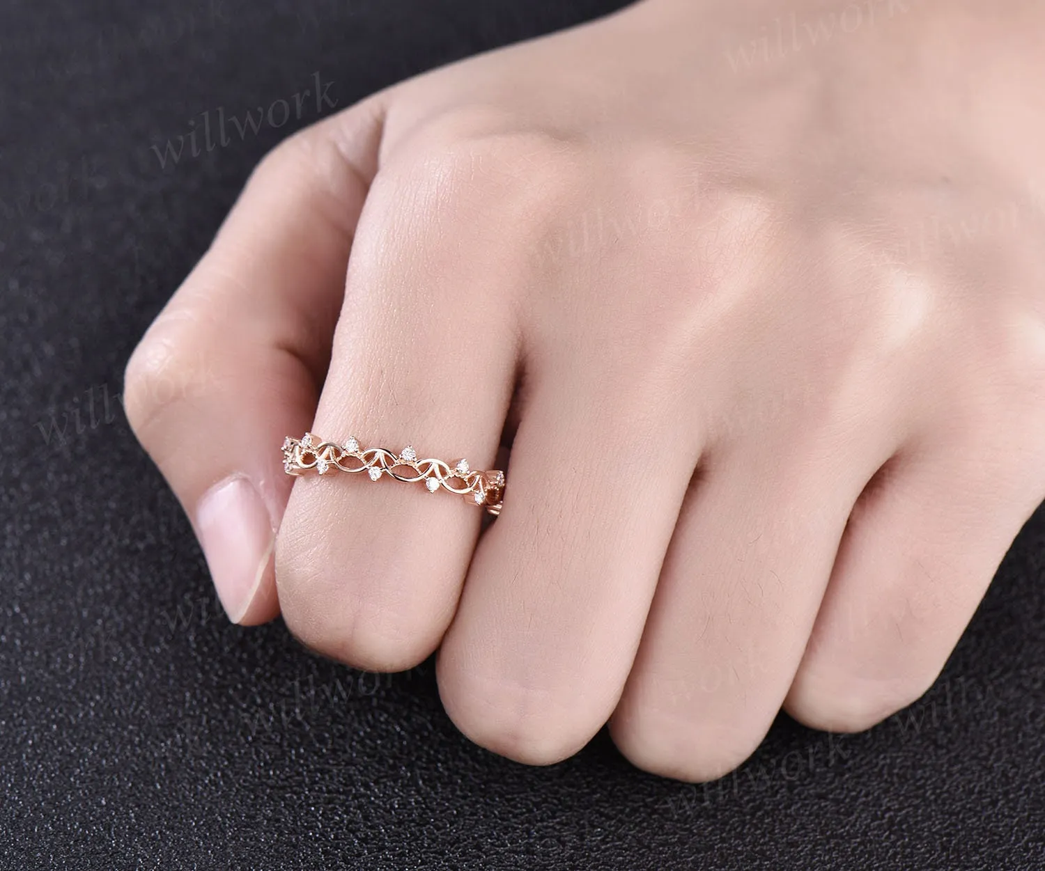 Unique antique vintage diamond wedding ring solid 14k rose gold wedding band stacking matching engagement ring graduation anniversary gift sold by Willwork Jewelry product image thumbnail 2