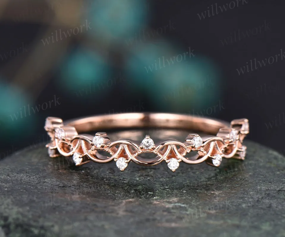 Unique antique vintage diamond wedding ring solid 14k rose gold wedding band stacking matching engagement ring graduation anniversary gift sold by Willwork Jewelry
