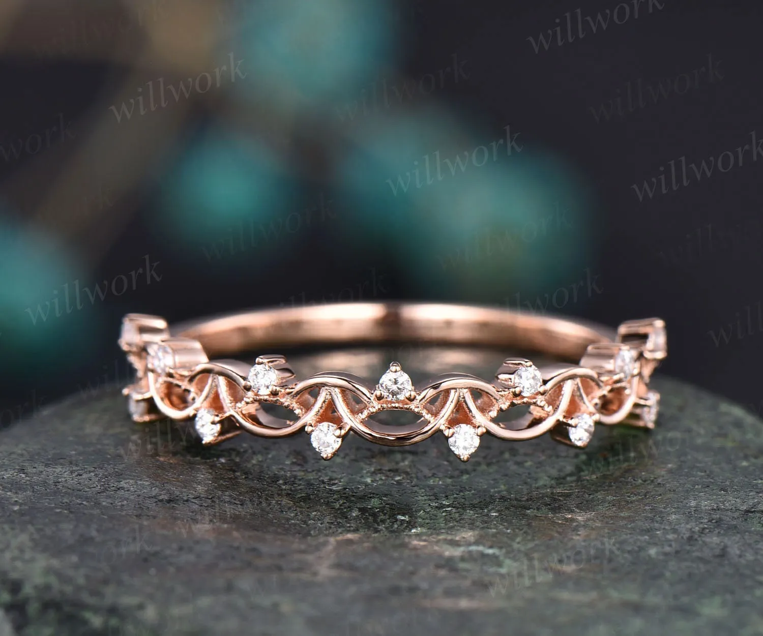 Unique antique vintage diamond wedding ring solid 14k rose gold wedding band stacking matching engagement ring graduation anniversary gift sold by Willwork Jewelry