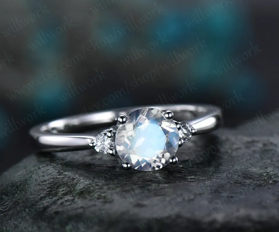 Natural Moonstone engagement ring-Solid 14k White gold-handmade diamond ring-three stone ring-6mm round cut moonstone ring promise ring sold by Willwork Jewelry