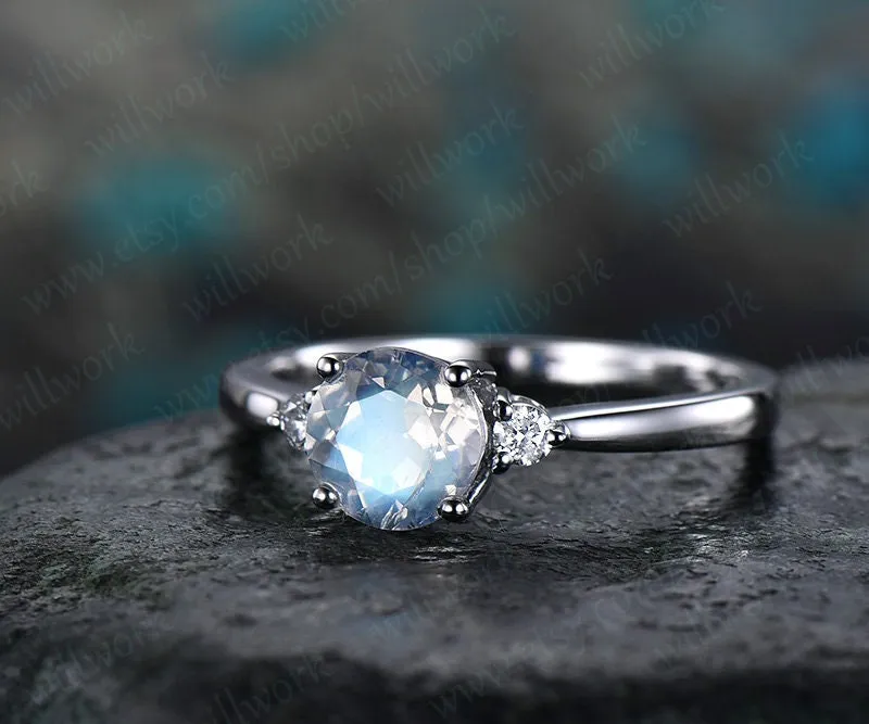 Natural Moonstone engagement ring-Solid 14k White gold-handmade diamond ring-three stone ring-6mm round cut moonstone ring promise ring sold by Willwork Jewelry product image thumbnail 3