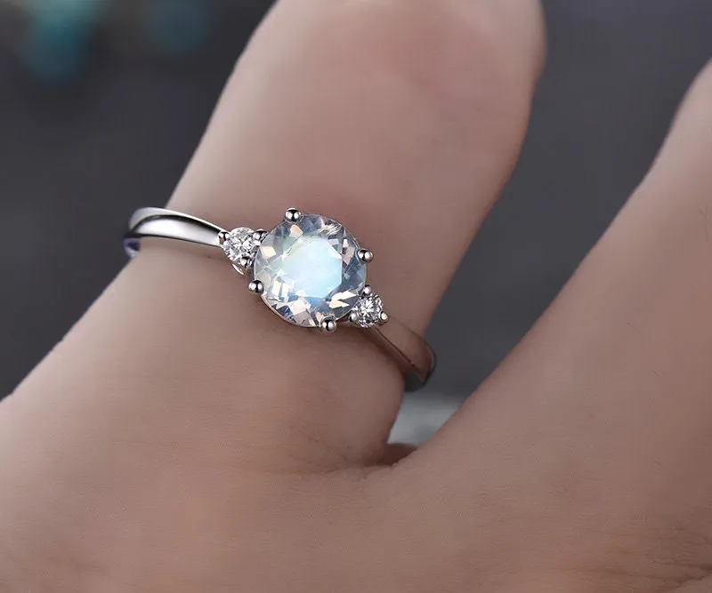 Natural Moonstone engagement ring-Solid 14k White gold-handmade diamond ring-three stone ring-6mm round cut moonstone ring promise ring sold by Willwork Jewelry product image thumbnail 2