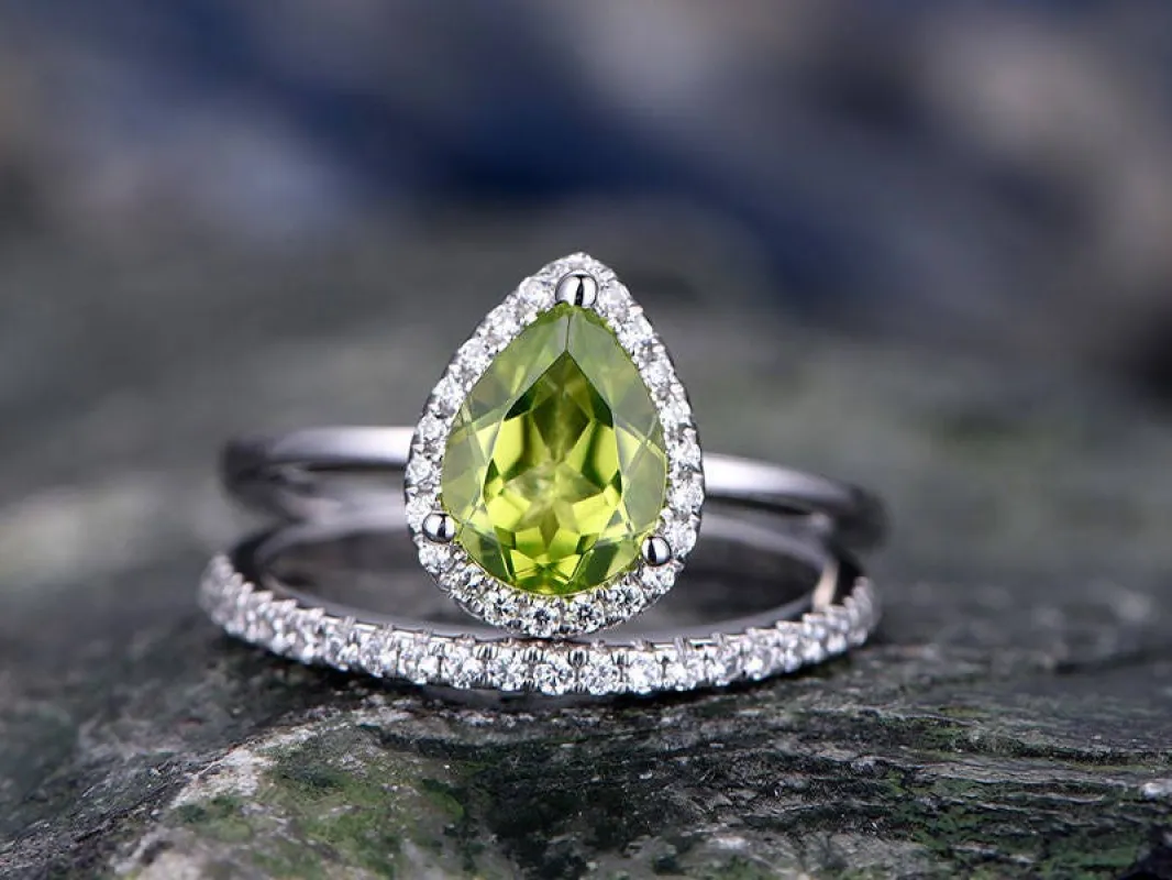 Green Peridot engagement ring-Solid 14k white gold-handmade Diamond Bridal ring-pave Stacking band-6x8mm Pear shaped gemstone promise ring sold by Willwork Jewelry