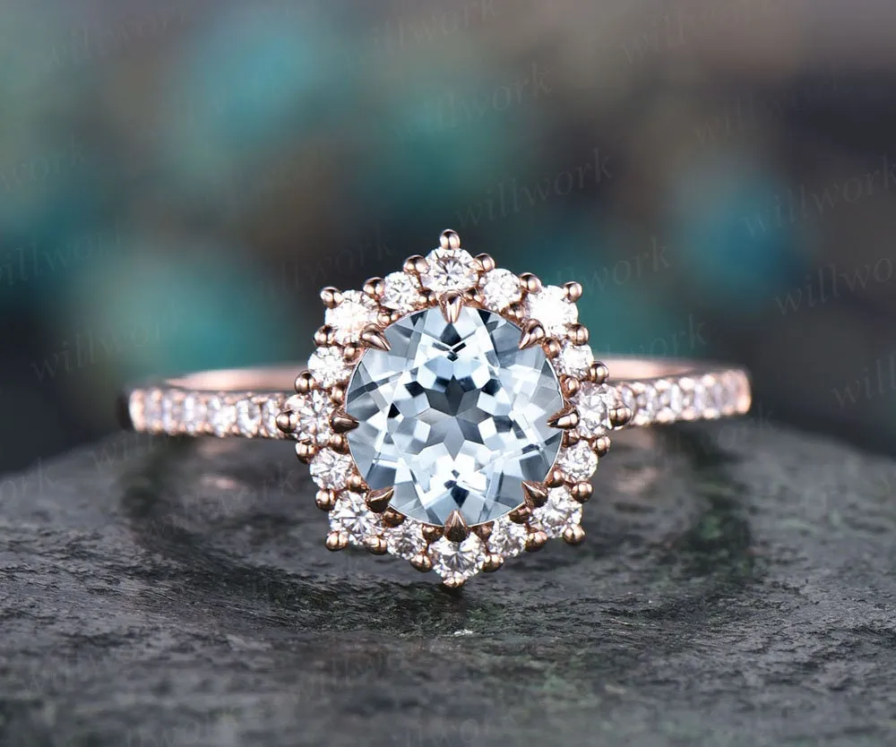 Vintage aquamarine engagement ring halo ring for women March birthstone ring eternity moissanite ring dainty jewelry wedding bridal ring sold by Willwork Jewelry