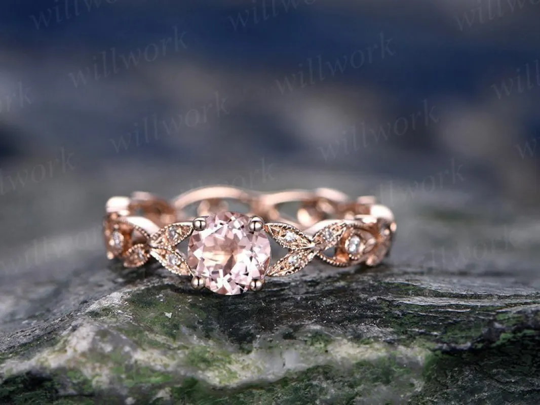 Pink morganite engagement ring-Solid 14k Rose gold-handmade full eternity diamond ring-5mm Round cut gemstone promise ring-Art Deco ring made by Willwork Jewelry