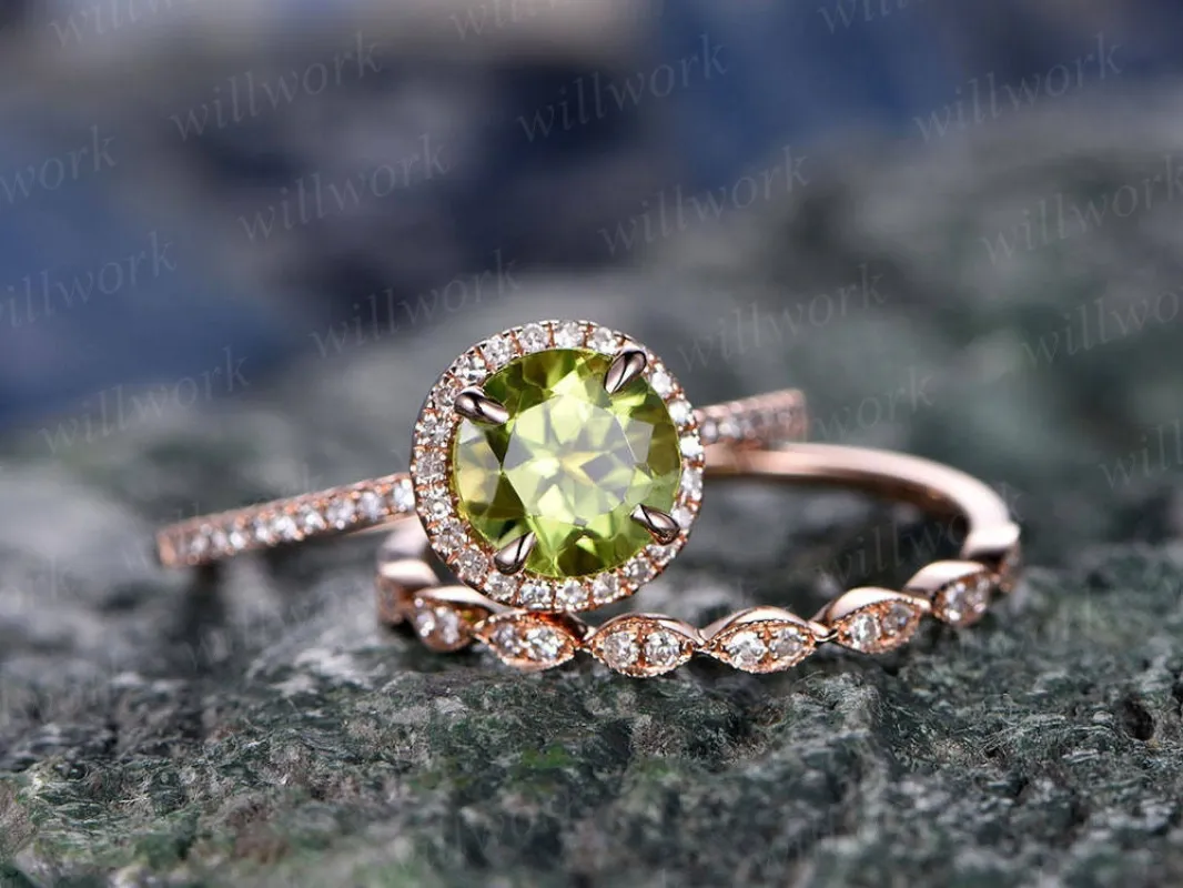 Green peridot engagement ring rose gold handmade diamond halo bridal ring stacking matching 2pc round marquise antique wedding promise ring made by Willwork Jewelry