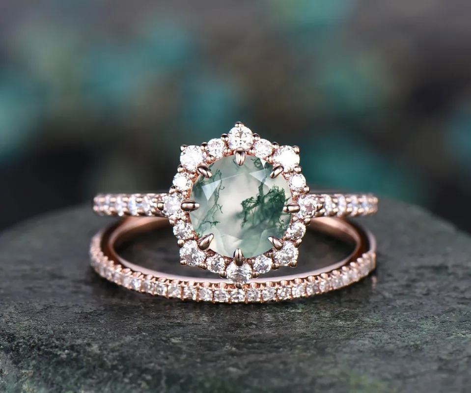 2pcs round moss agate engagement ring set rose gold moissanite halo ring women matching stacking diamond wedding band moss agate bridal set sold by Willwork Jewelry