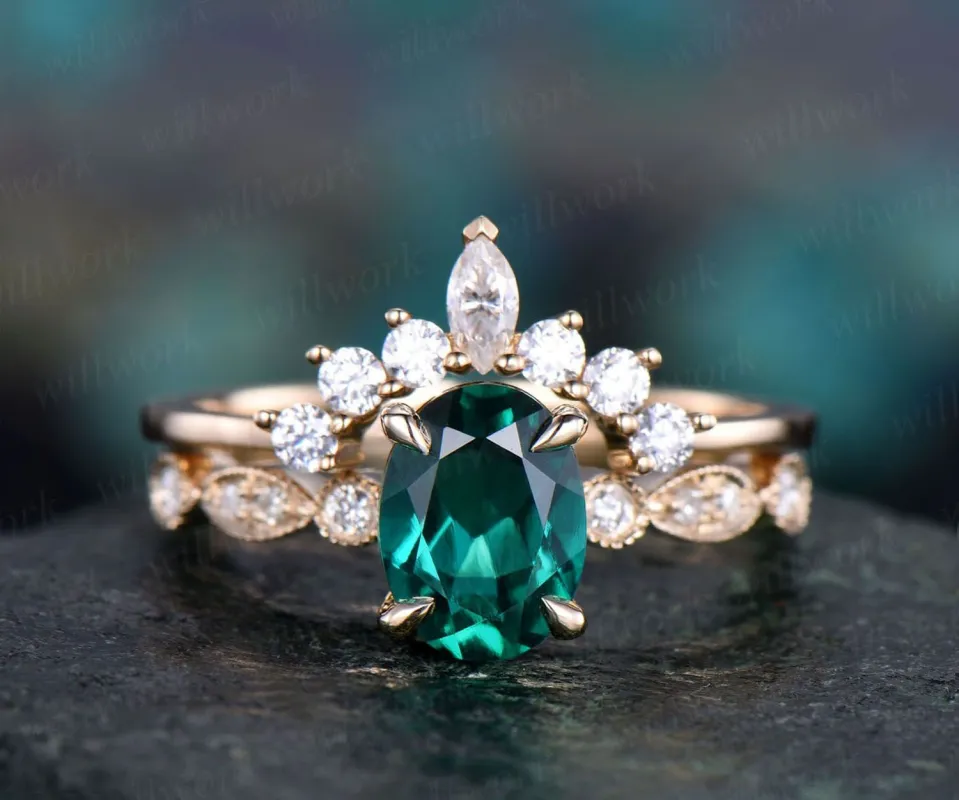 2pc emerald engagement ring set 14k yellow gold art deco diamond ring crown moissanite wedding matching May birthstone ring fine jewelry made by Willwork Jewelry