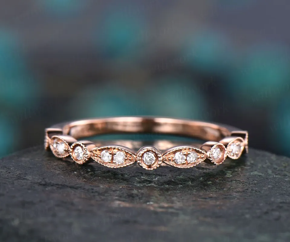 Half eternity diamond wedding ring art deco diamond 14k rose gold ring marquise ring milgrain wedding band bridal anniversary ring band gift sold by Willwork Jewelry