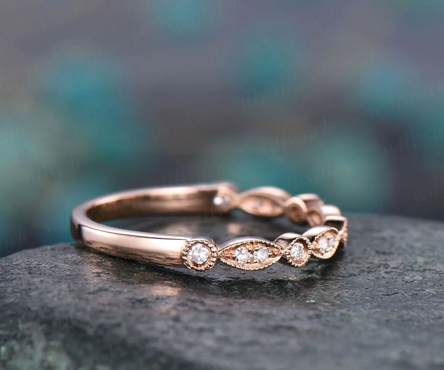 Half eternity diamond wedding ring art deco diamond 14k rose gold ring marquise ring milgrain wedding band bridal anniversary ring band gift sold by Willwork Jewelry product image thumbnail 3