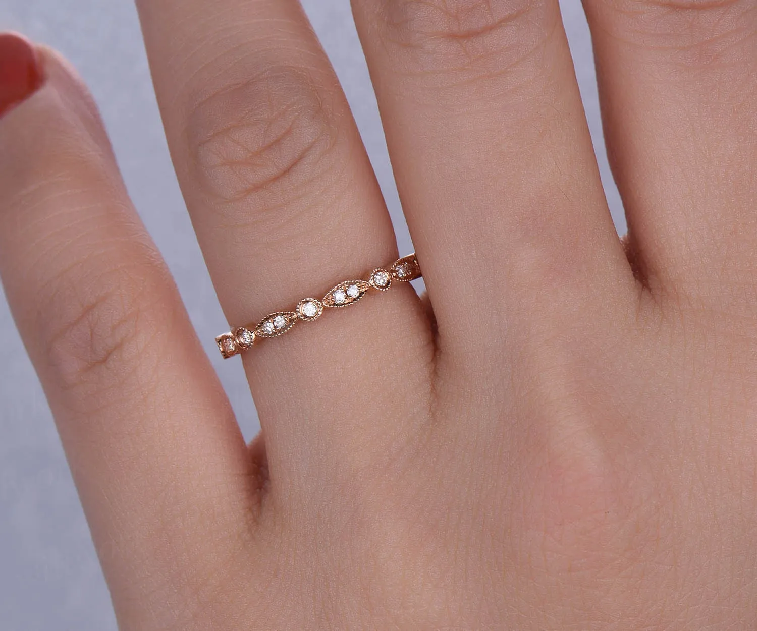 Half eternity diamond wedding ring art deco diamond 14k rose gold ring marquise ring milgrain wedding band bridal anniversary ring band gift sold by Willwork Jewelry product image thumbnail 2