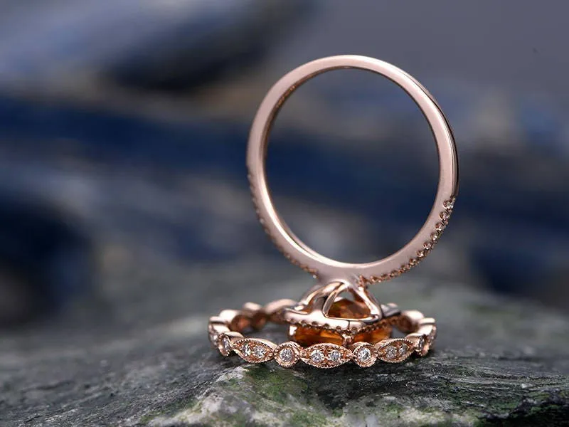 Emerald Cut Citrine engagement ring set-Solid 14k rose gold-Real Diamond Wedding ring-2PC Stacking ring-gemstone-yellow birthstone halo ring sold by Willwork Jewelry product image thumbnail 3