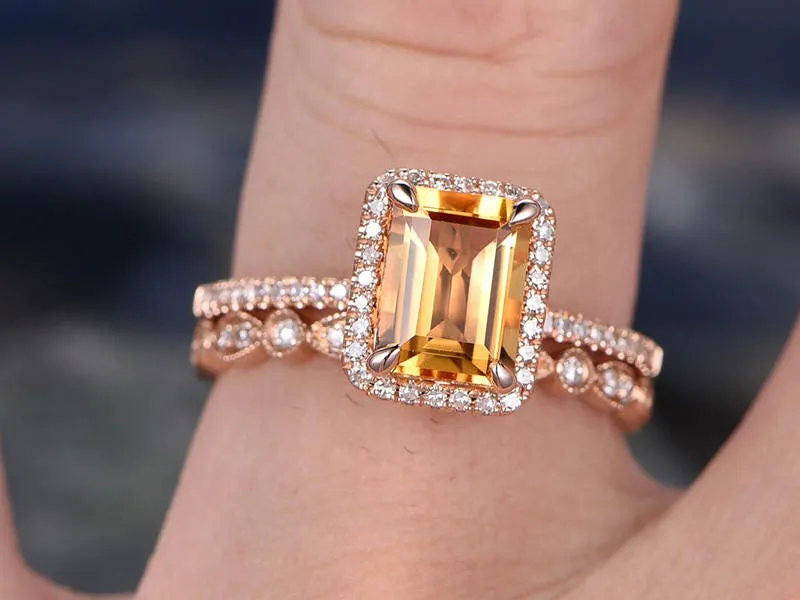 Emerald Cut Citrine engagement ring set-Solid 14k rose gold-Real Diamond Wedding ring-2PC Stacking ring-gemstone-yellow birthstone halo ring sold by Willwork Jewelry product image thumbnail 2