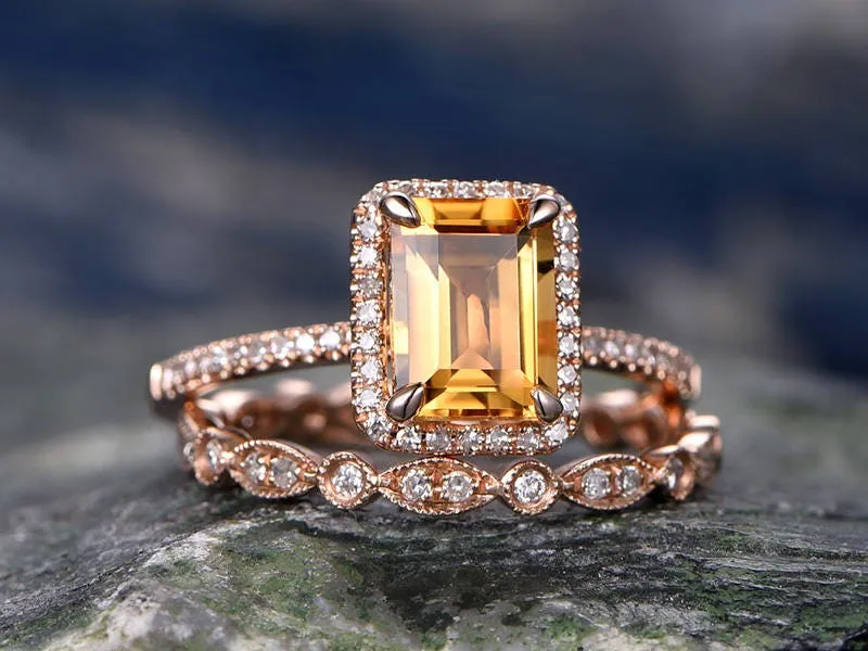 Emerald Cut Citrine engagement ring set-Solid 14k rose gold-Real Diamond Wedding ring-2PC Stacking ring-gemstone-yellow birthstone halo ring sold by Willwork Jewelry