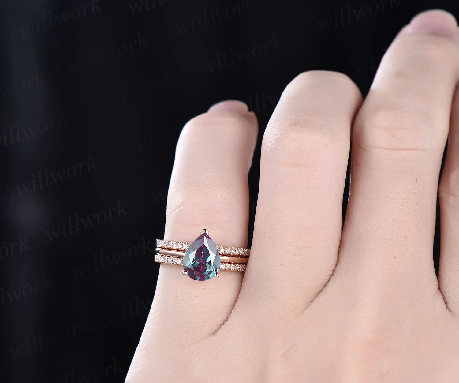 Vintage Alexandrite ring set solitaire Alexandrite engagement ring set rose gold June birthstone ring unique wedding bridal ring set gifts sold by Willwork Jewelry product image thumbnail 2