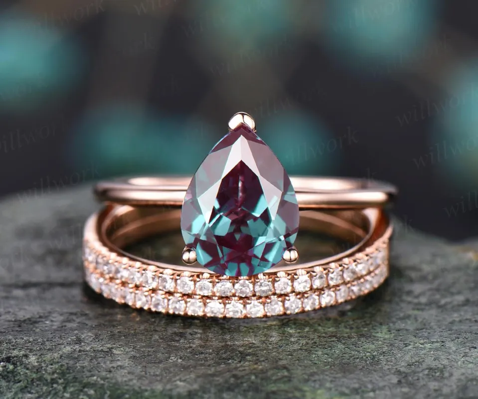Vintage Alexandrite ring set solitaire Alexandrite engagement ring set rose gold June birthstone ring unique wedding bridal ring set gifts sold by Willwork Jewelry