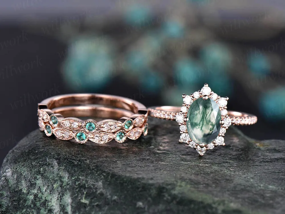 Oval vintage moss agate engagement ring set natural emerald ring set art deco diamond ring rose gold emerald bridal set rings dainty jewelry sold by Willwork Jewelry product image thumbnail 3