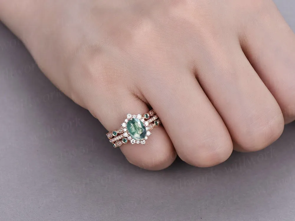 Oval vintage moss agate engagement ring set natural emerald ring set art deco diamond ring rose gold emerald bridal set rings dainty jewelry sold by Willwork Jewelry product image thumbnail 2