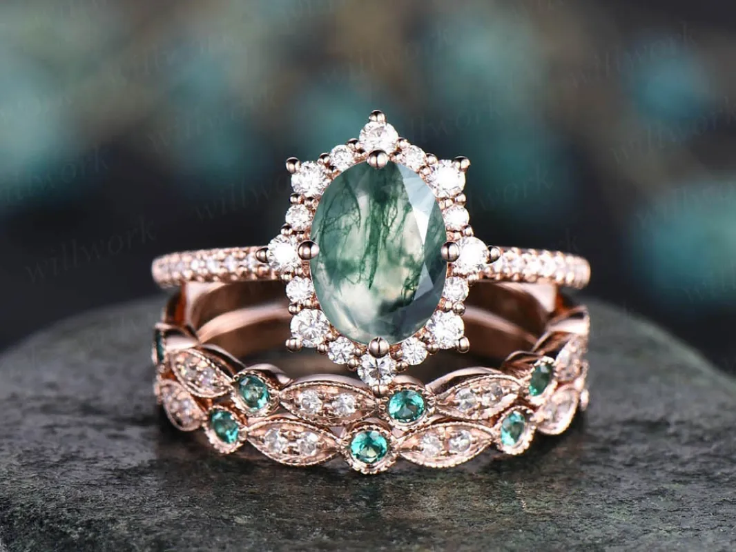 Oval vintage moss agate engagement ring set natural emerald ring set art deco diamond ring rose gold emerald bridal set rings dainty jewelry sold by Willwork Jewelry