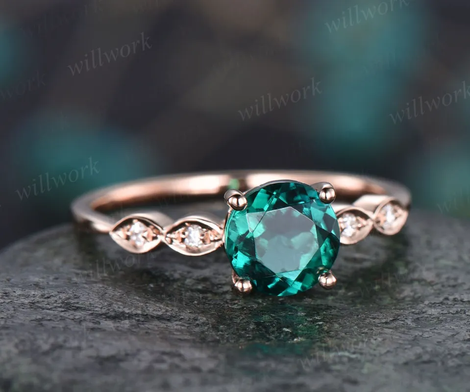 6.5mm round emerald engagement ring art deco diamond ring for women antique rose gold ring May birthstone jewelry marquise ring bridal ring sold by Willwork Jewelry