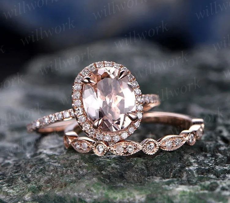Morganite engagement ring set solid 14k rose gold ring real diamond halo ring matching oval antique jewelry wedding promise bridal ring set sold by Willwork Jewelry product image thumbnail 3