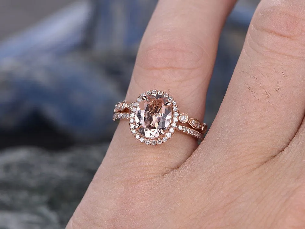 Morganite engagement ring set solid 14k rose gold ring real diamond halo ring matching oval antique jewelry wedding promise bridal ring set sold by Willwork Jewelry product image thumbnail 2