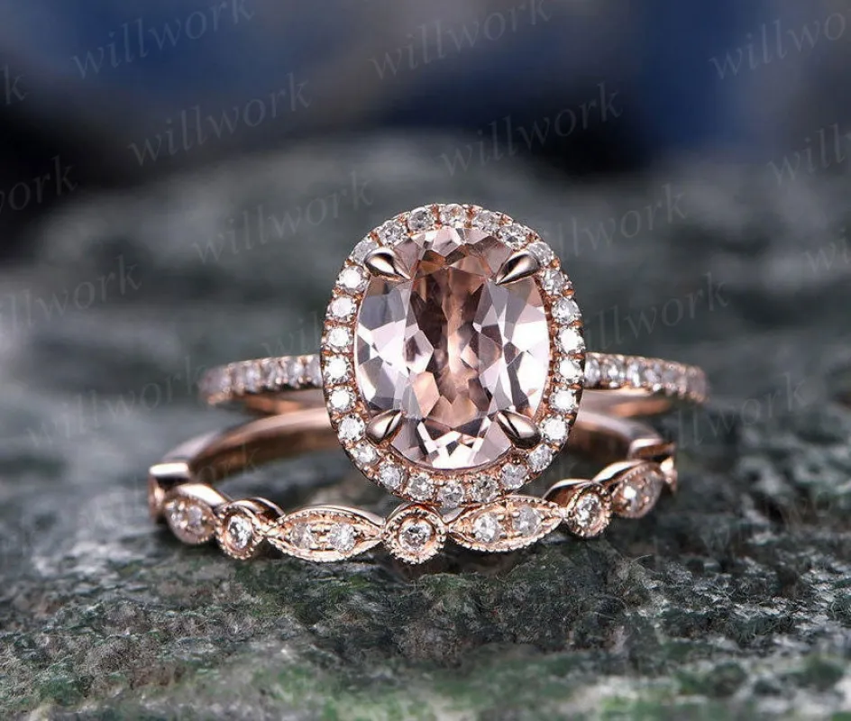 Morganite engagement ring set solid 14k rose gold ring real diamond halo ring matching oval antique jewelry wedding promise bridal ring set made by Willwork Jewelry