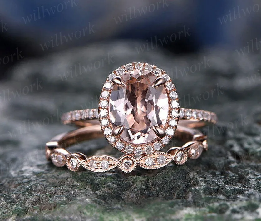 Morganite engagement ring set solid 14k rose gold ring real diamond halo ring matching oval antique jewelry wedding promise bridal ring set sold by Willwork Jewelry