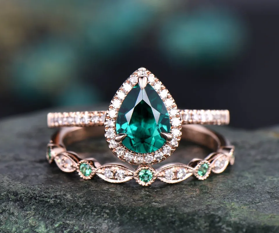 2pcs emerald bridal set unique vintage engagement ring pear emerald engagement ring set rose gold natural emerald wedding ring band jewelry sold by Willwork Jewelry