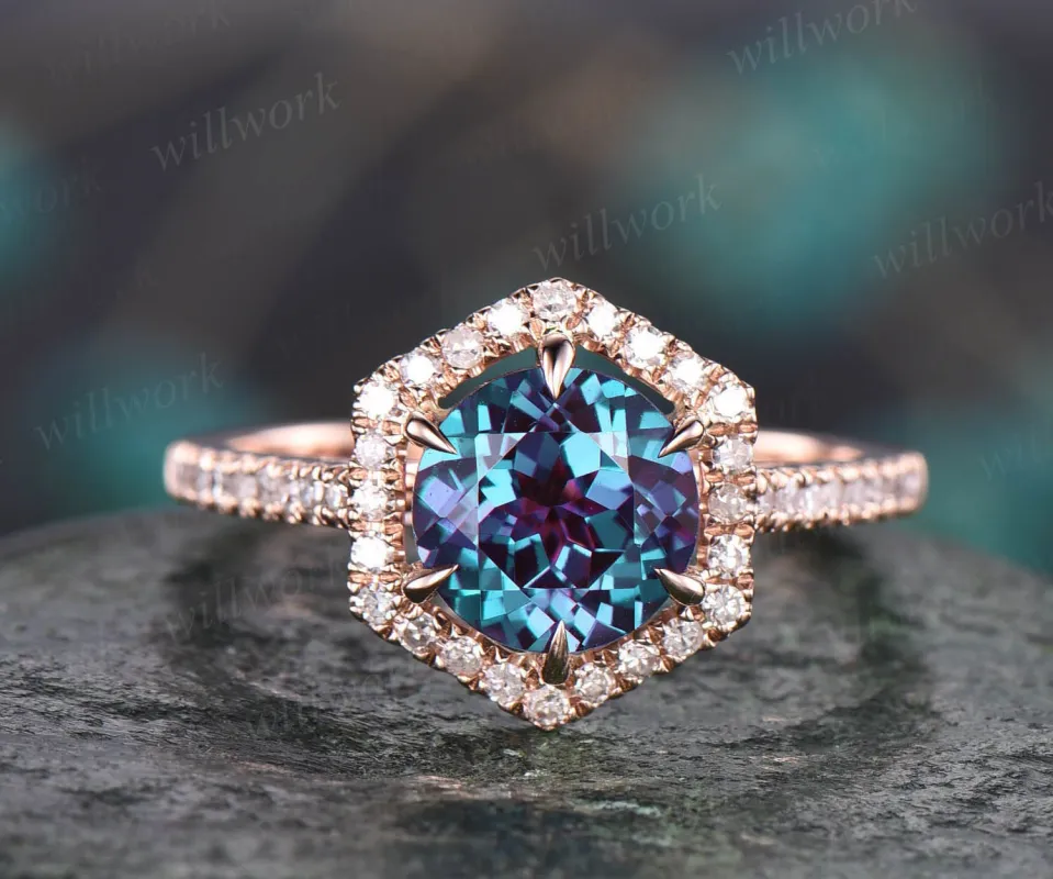 Hexagon halo diamond ring 7mm round shaped Alexandrite engagement ring rose gold ring for women jewelry unqiue wedding ring bridal ring gift sold by Willwork Jewelry