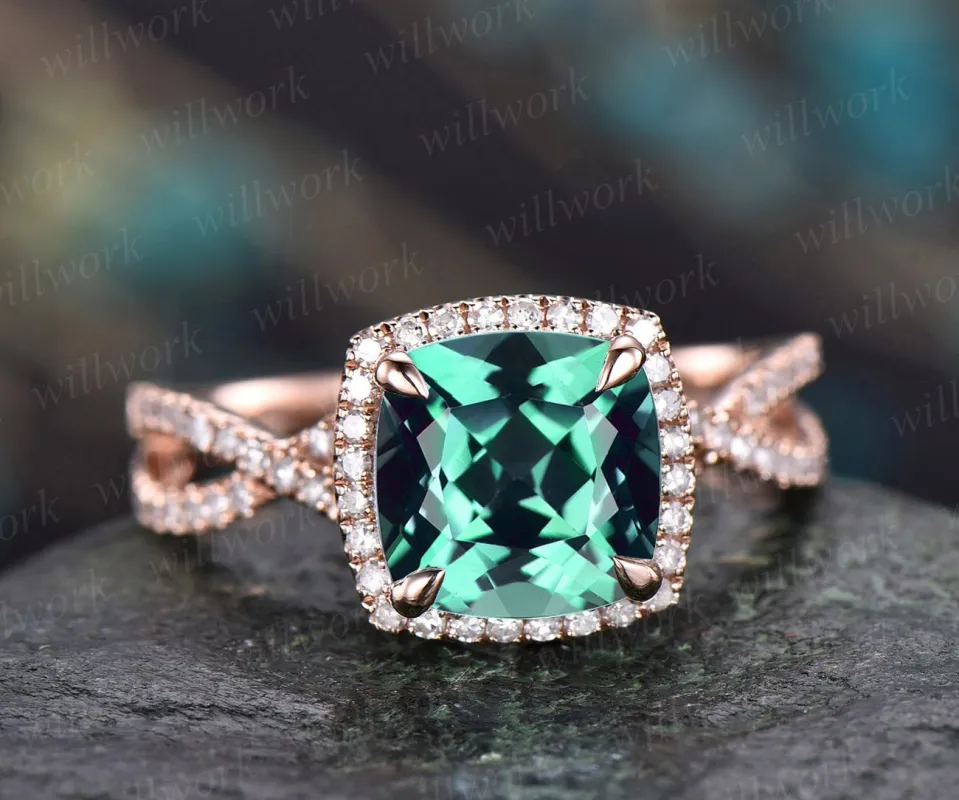 Cushion emerald ring vintage emerald engagement ring rose gold halo diamond ring may birthstone infinity unique jewelry wedding bridal ring made by Willwork Jewelry