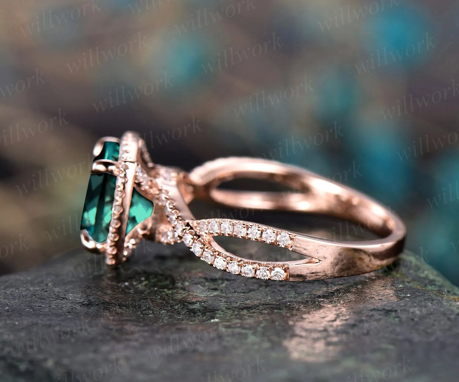 Cushion emerald ring vintage emerald engagement ring rose gold halo diamond ring may birthstone infinity unique jewelry wedding bridal ring sold by Willwork Jewelry product image thumbnail 3