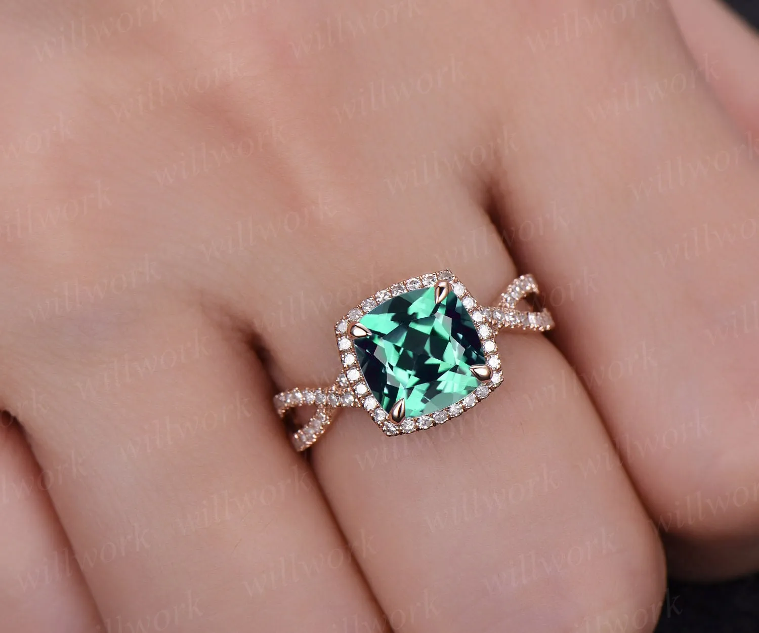 Cushion emerald ring vintage emerald engagement ring rose gold halo diamond ring may birthstone infinity unique jewelry wedding bridal ring sold by Willwork Jewelry product image thumbnail 2