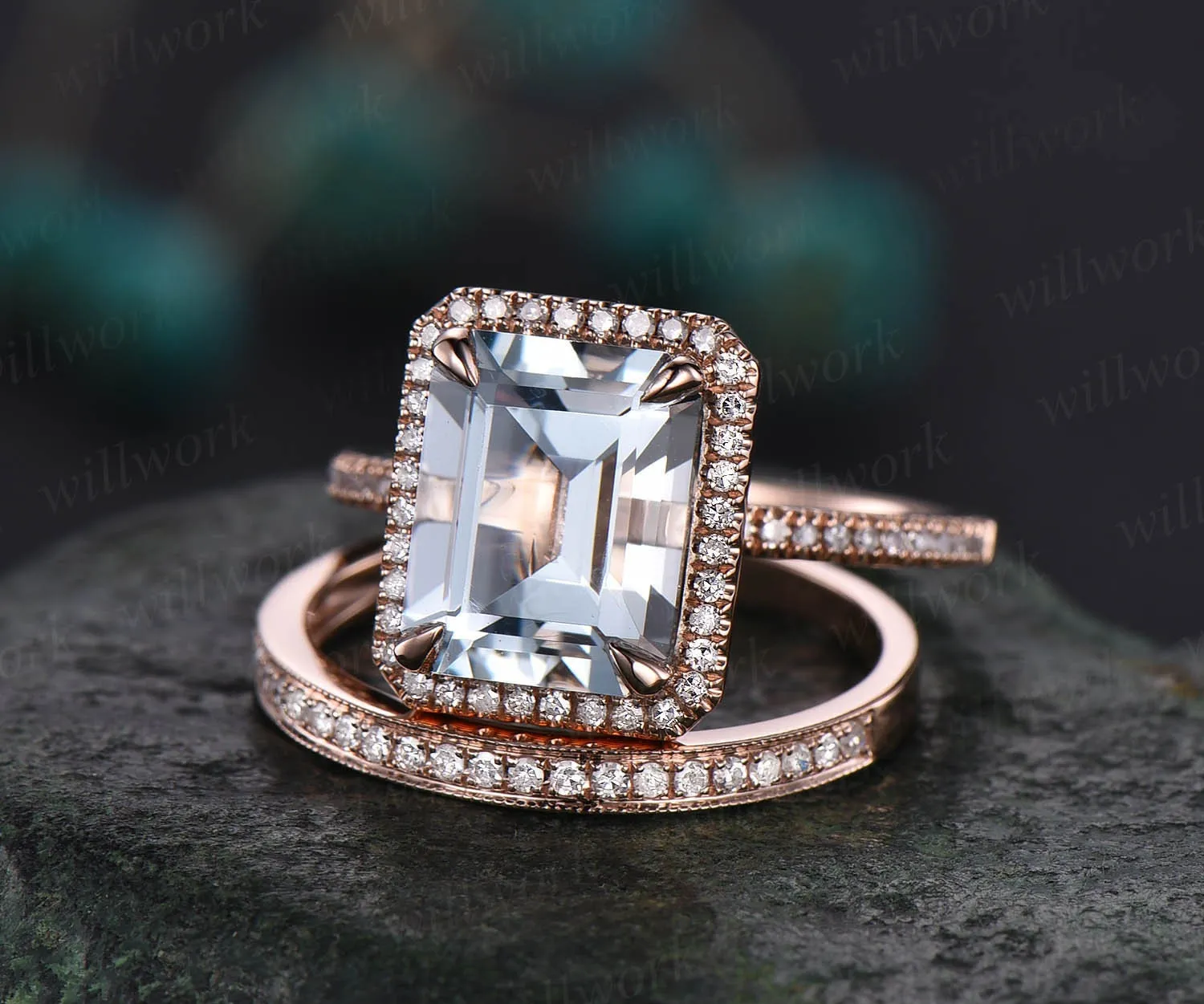 Aquamarine Rose gold ring set 8x10mm emerald cut aquamarine engagement ring vintage diamond halo ring wedding bridal ring set jewelry sold by Willwork Jewelry product image thumbnail 3