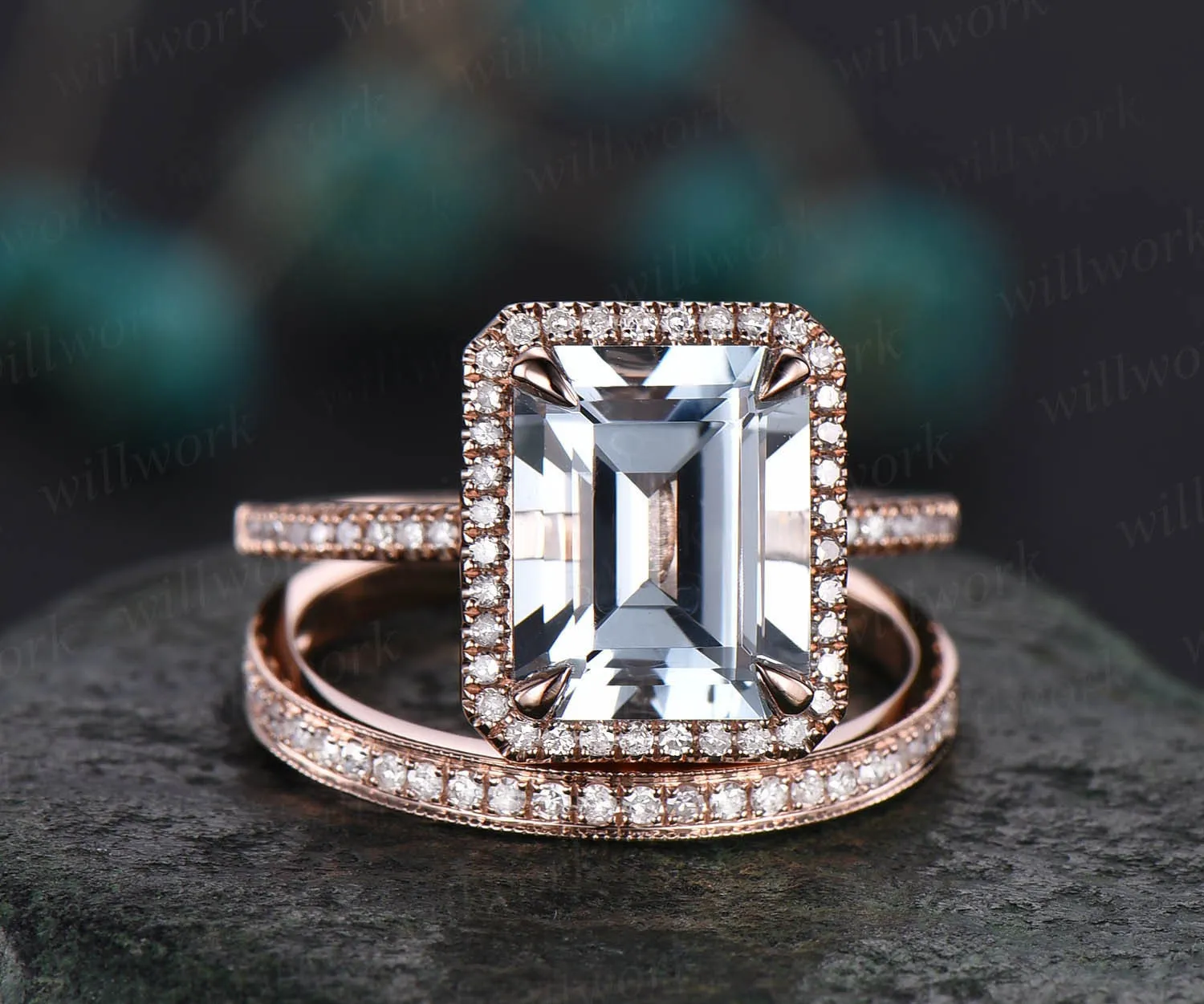 Aquamarine Rose gold ring set 8x10mm emerald cut aquamarine engagement ring vintage diamond halo ring wedding bridal ring set jewelry sold by Willwork Jewelry