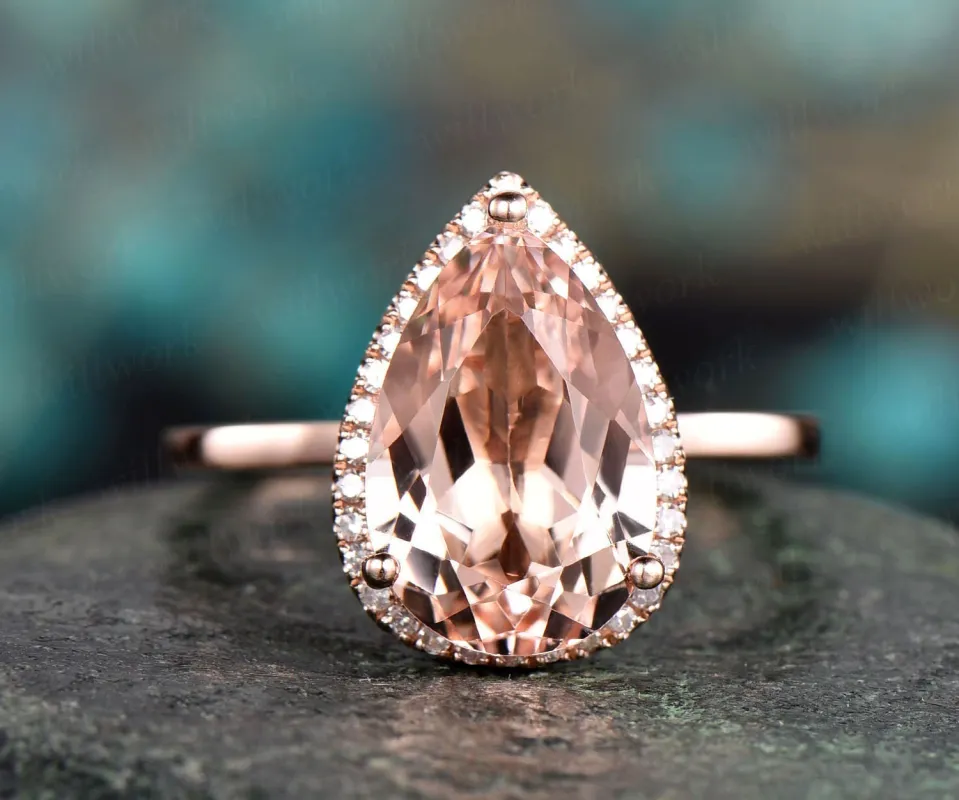8x12mm pear morganite engagement ring rose gold morganite ring diamond halo ring antique unique bridal wedding promise ring gift for her made by Willwork Jewelry