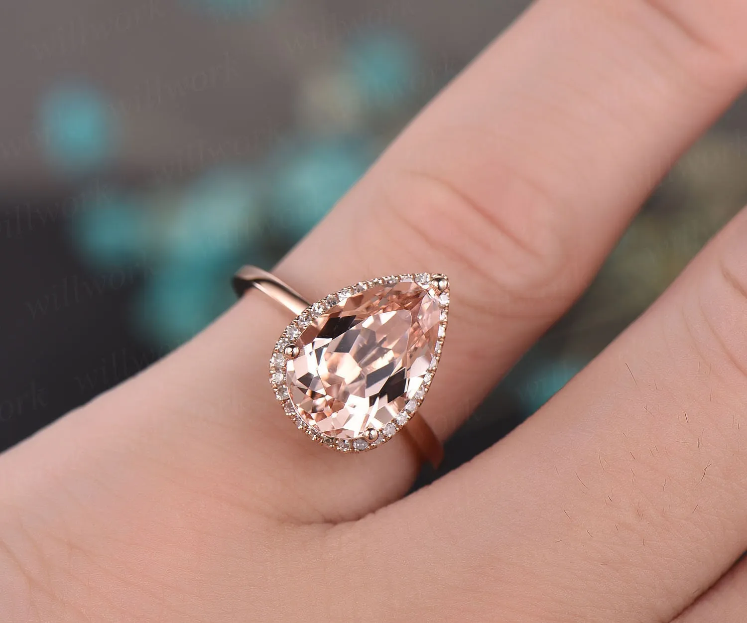 8x12mm pear morganite engagement ring rose gold morganite ring diamond halo ring antique unique bridal wedding promise ring gift for her sold by Willwork Jewelry product image thumbnail 2