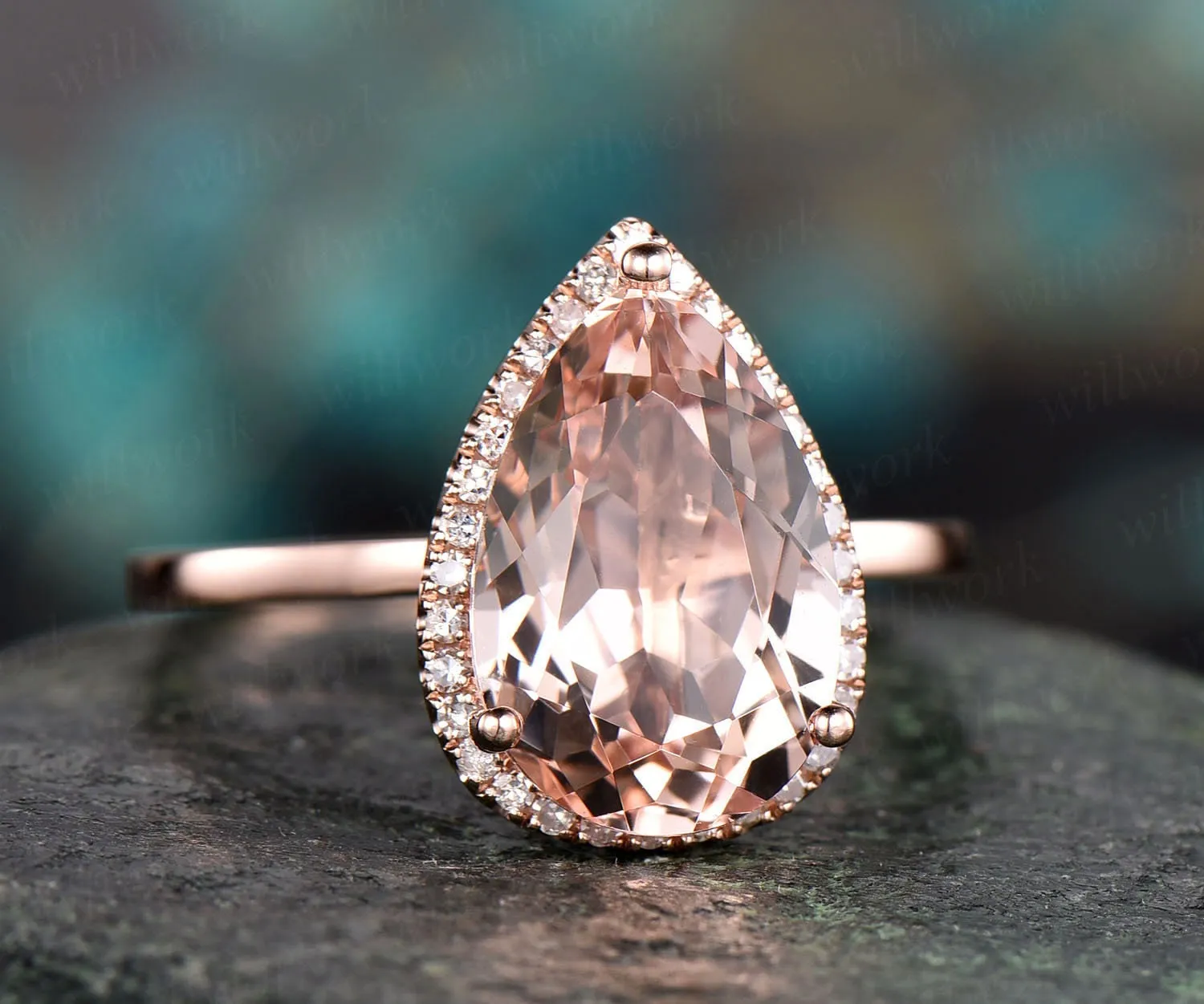 8x12mm pear morganite engagement ring rose gold morganite ring diamond halo ring antique unique bridal wedding promise ring gift for her sold by Willwork Jewelry product image thumbnail 3