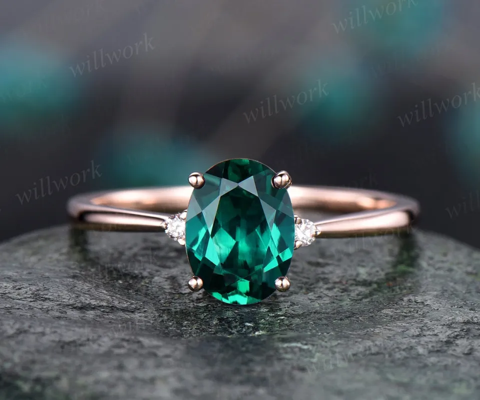 Oval emerald engagement ring for women rose gold three stone engagement ring real diamond ring May birthstone ring vintage anniversary gift made by Willwork Jewelry