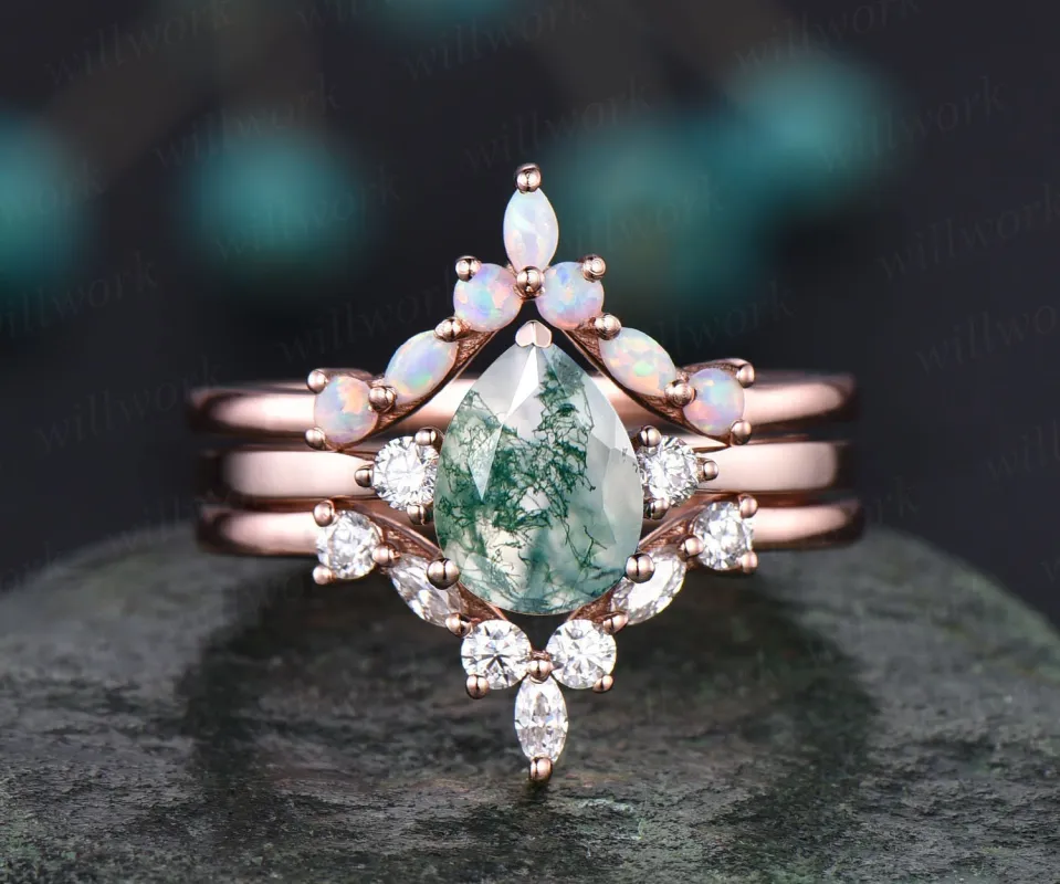 Vintage moss agate engagement ring set opal ring set marquise moissanite ring set three stone ring rose gold unique bridal set jewelry gift sold by Willwork Jewelry