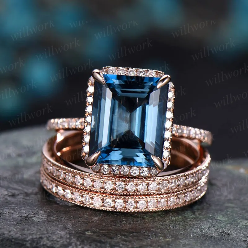 3pcs Emerald cut London blue topaz engagement ring 14k rose gold Topaz wedding bridal set diamond halo engagement November birthstone ring made by Willwork Jewelry