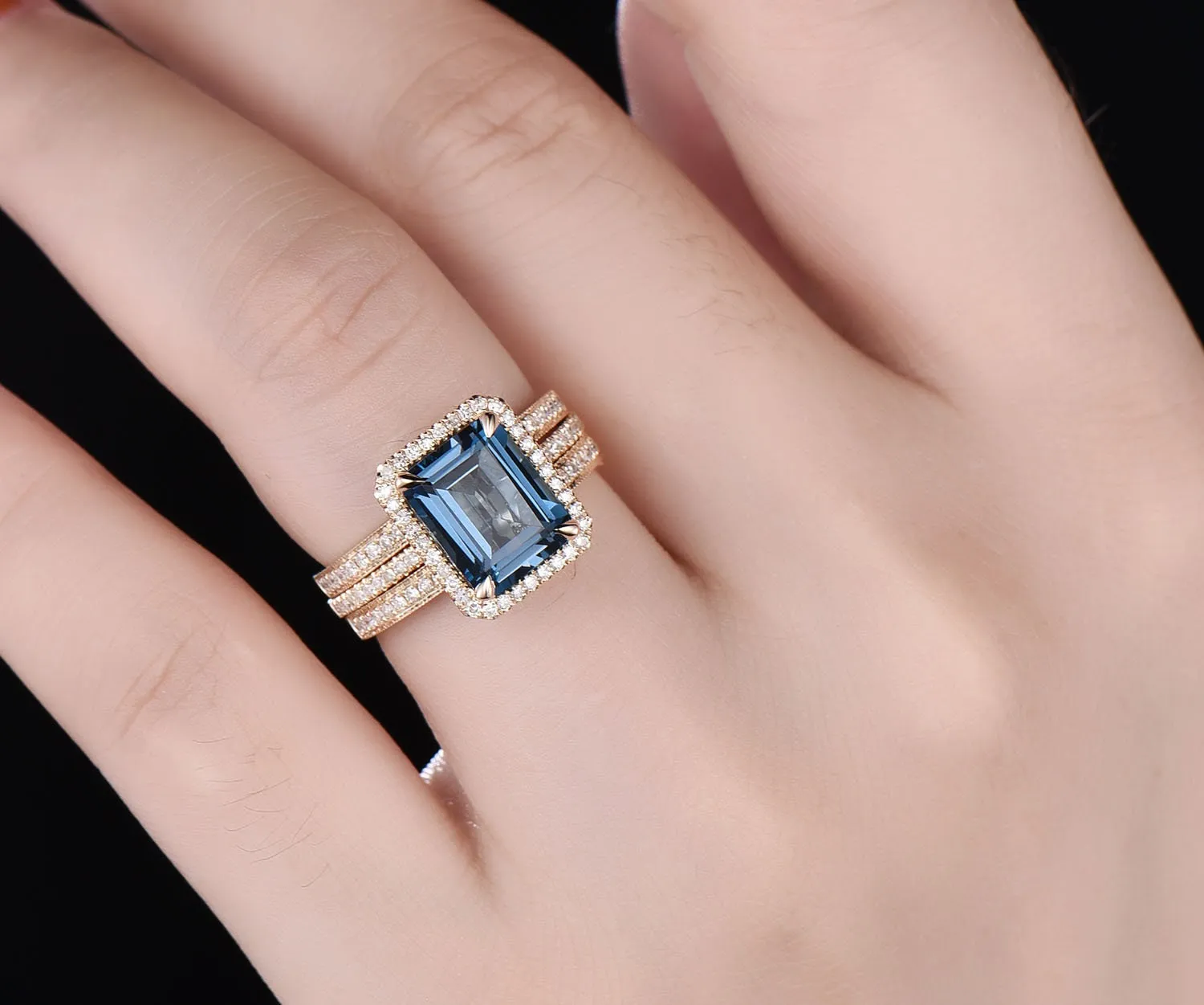3pcs Emerald cut London blue topaz engagement ring 14k rose gold Topaz wedding bridal set diamond halo engagement November birthstone ring sold by Willwork Jewelry product image thumbnail 2