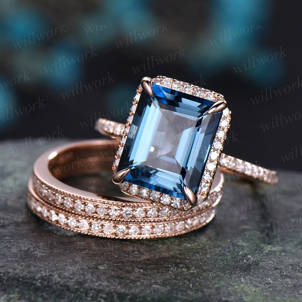 3pcs Emerald cut London blue topaz engagement ring 14k rose gold Topaz wedding bridal set diamond halo engagement November birthstone ring sold by Willwork Jewelry product image thumbnail 3