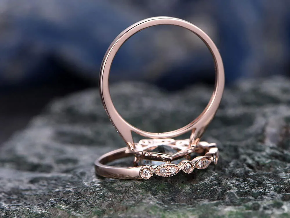 2pcs cushion aquamarine engagement ring set aquamarine rings for women vintage rose gold diamond ring March birthstone ring bridal set gift sold by Willwork Jewelry product image thumbnail 5