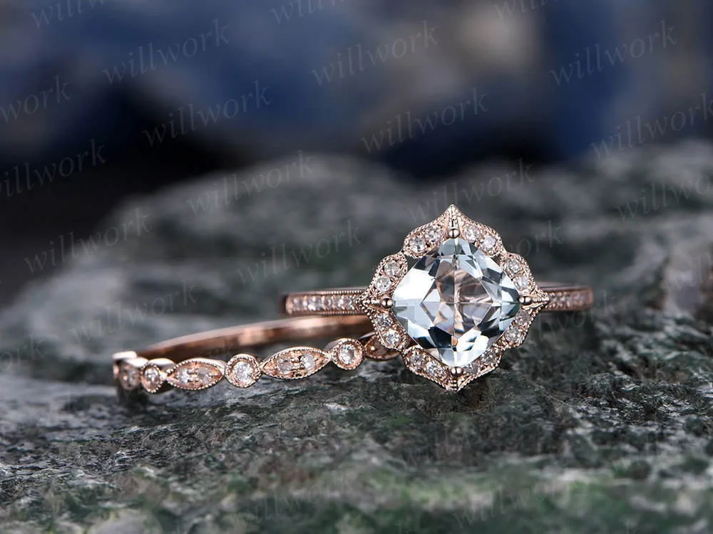 2pcs cushion aquamarine engagement ring set aquamarine rings for women vintage rose gold diamond ring March birthstone ring bridal set gift sold by Willwork Jewelry product image thumbnail 3