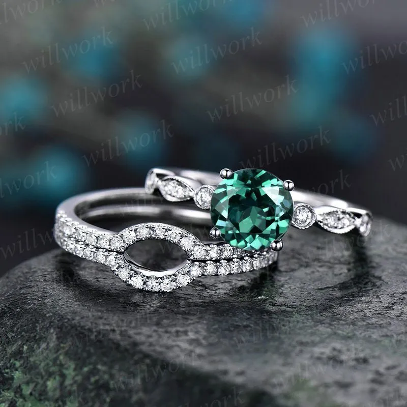 3pc emerald engagement ring set white gold emerald ring vintage diamond ring matching stacking marquise may birthstone promise wedding ring sold by Willwork Jewelry