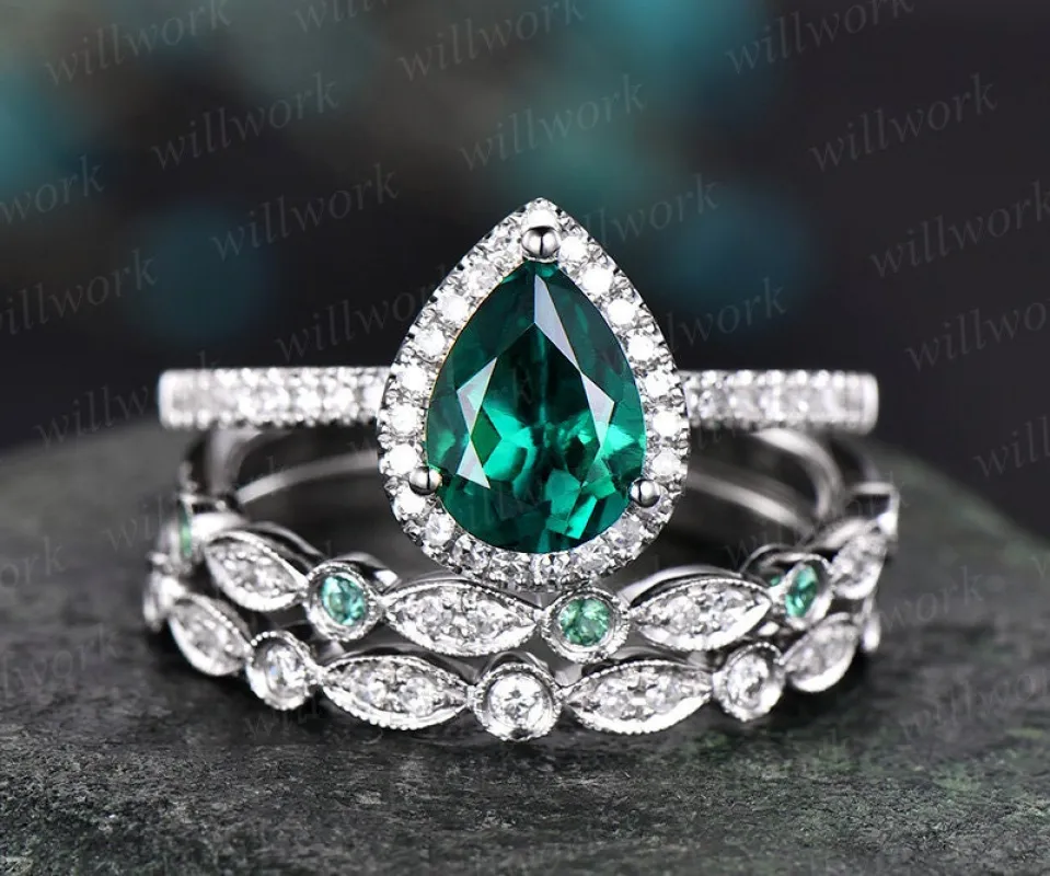3pcs emerald engagement ring set white gold vintage natural emerald ring for women diamond halo ring unique bridal set art deco jewelry gift sold by Willwork Jewelry