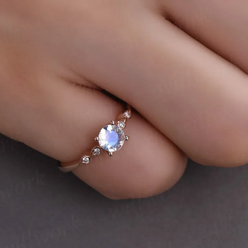 5mm round natural moonstone ring gold vintage moonstone engagement ring 14k rose gold June birthstone art deco wedding women bridal ring sold by Willwork Jewelry product image thumbnail 2